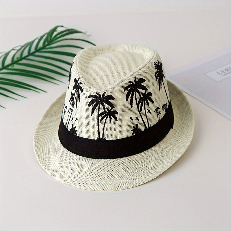 TEMU 1pc Fashion Hollow Straw Hat, Men Boys Summer Trees Printed Straw Woven Solid Colour Hat Bowler Hat Outdoor Sports Cycling Travel Breathable Sun Hat