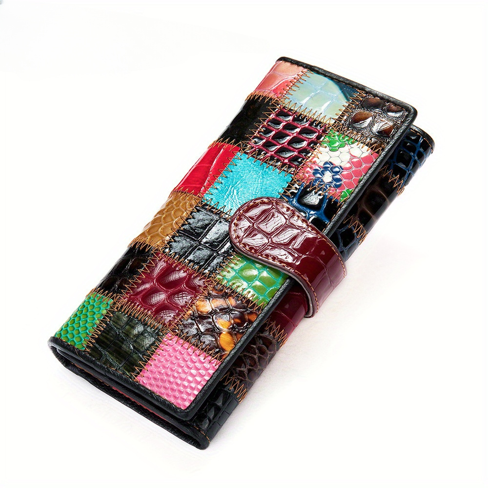 

Women's Long Patchwork Wallet, Leather Clutch With Zipper, Vintage Style, Multiple Card And Cash Slots With Phone Pocket