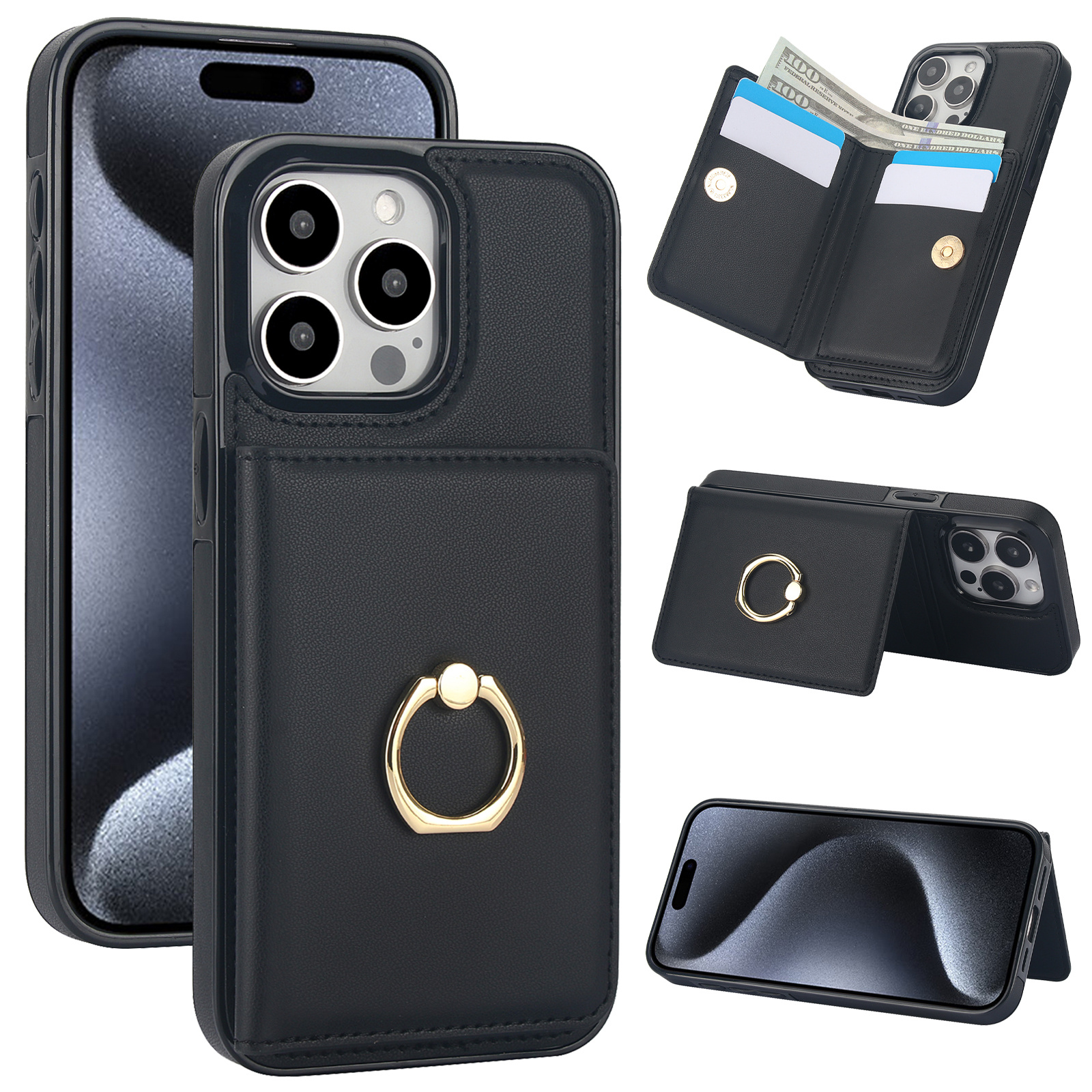 360° Rotation Ring Kickstand Wallet Case with Magnetic Clasp, Durable Shockproof Cover for iPhone 15 14 13 12 11 Pro Max SE 2022 with Card Holder - Image 8