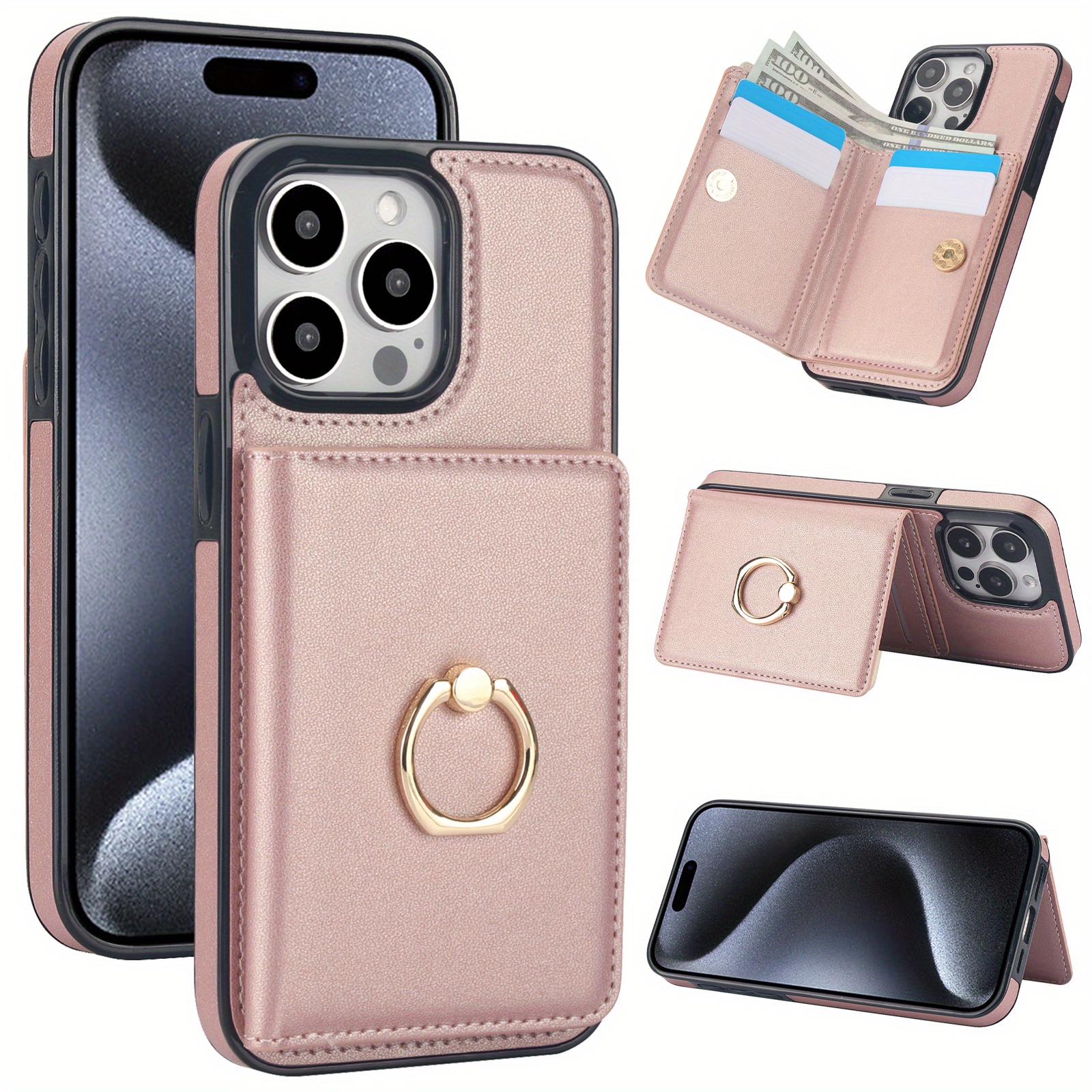 360° Rotation Ring Kickstand Wallet Case with Magnetic Clasp, Durable Shockproof Cover for iPhone 15 14 13 12 11 Pro Max SE 2022 with Card Holder