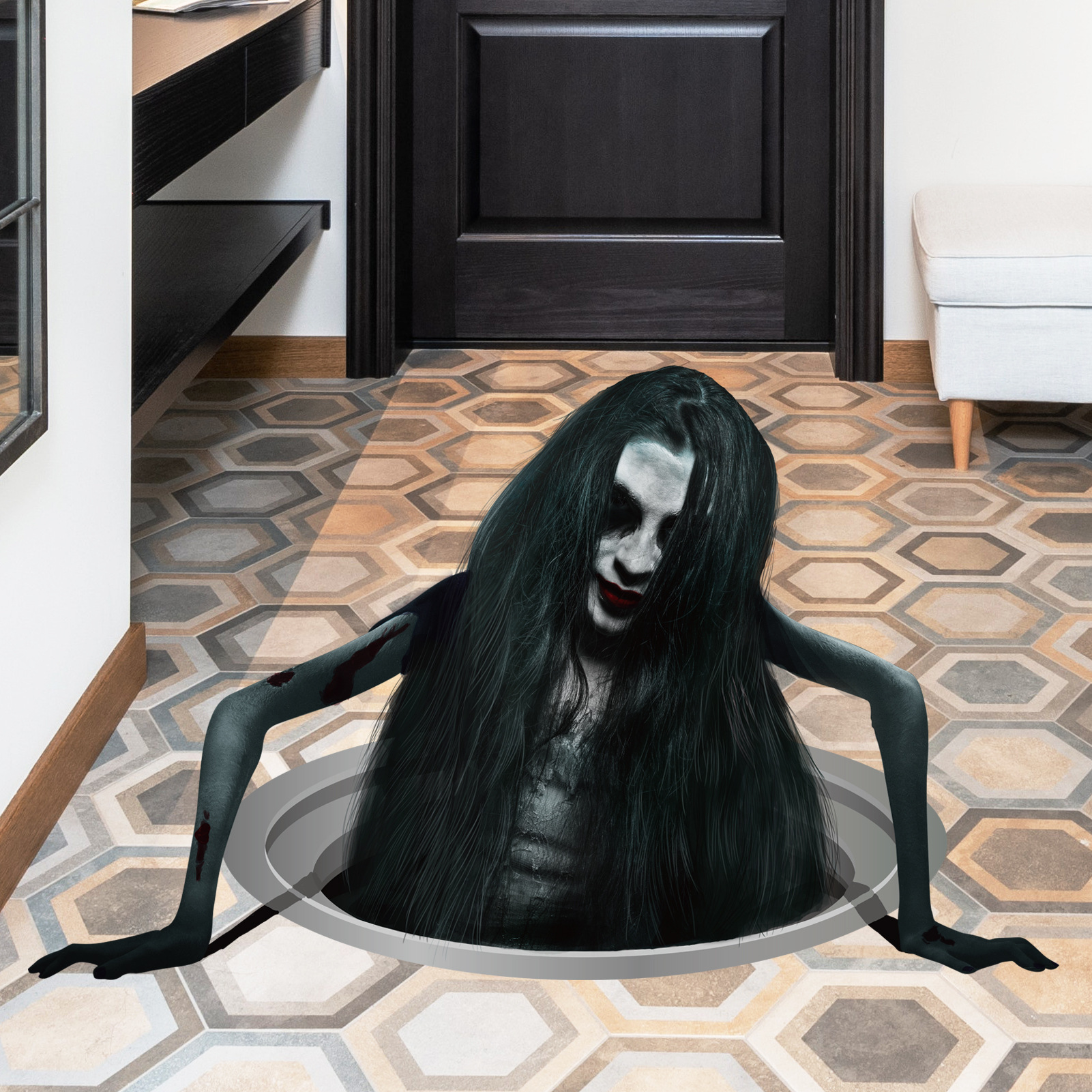 

Creepy Long Hair Woman Wall Decal - Boho Style Pvc Sticker For Living Room Home Decor, Scary Themed Removable Floor Sticker