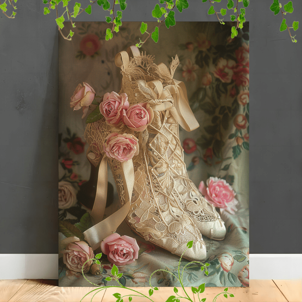 

1pc Wooden Canvas Painting Artwork Very Suitable For Office Room Decoration Vintage Lace Shoe, Floral Patterns, , Ribbon Bow, Elegant, Leaves