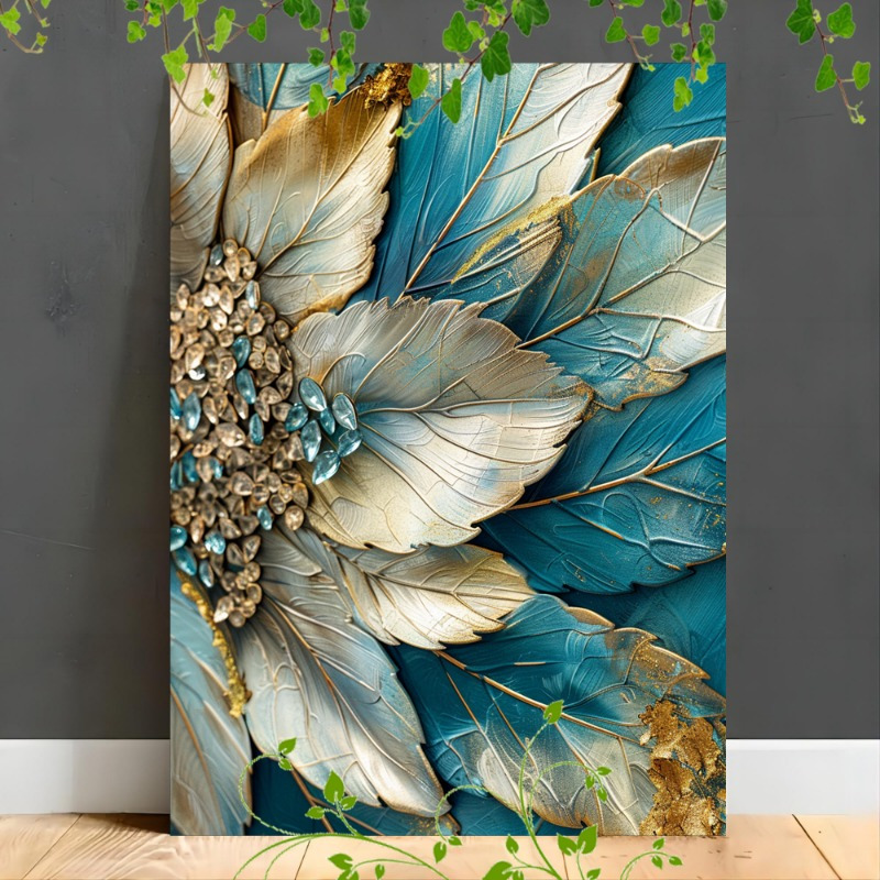 

1pc Wooden Canvas Painting Artwork Very Suitable For Office Room Decoration Metallic Leaves, Golden And Silver, Blue And Teal Accents, Crystal Textures, Intricate , Nature