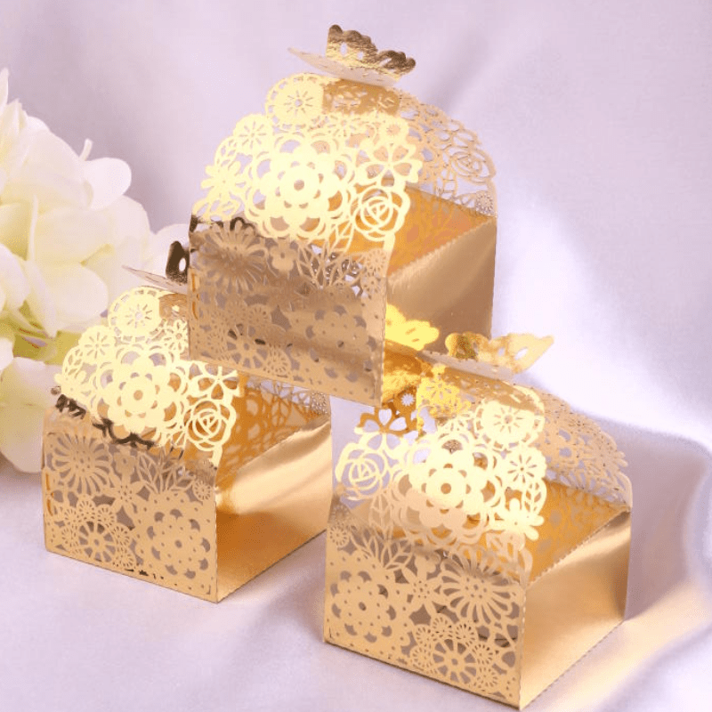 

10pcs Elegant Golden Wedding Favor Boxes With - Candy & Gifts, Includes Cards, Ideal For Reception Decorations