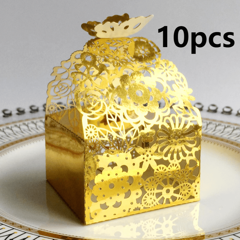Image of 10pcs Elegant European-style Wedding Candy & Favor Boxes With Lid - Hollow Paper Gift Boxes Suitable For Wedding Favors, Guest Gifts, Decorations