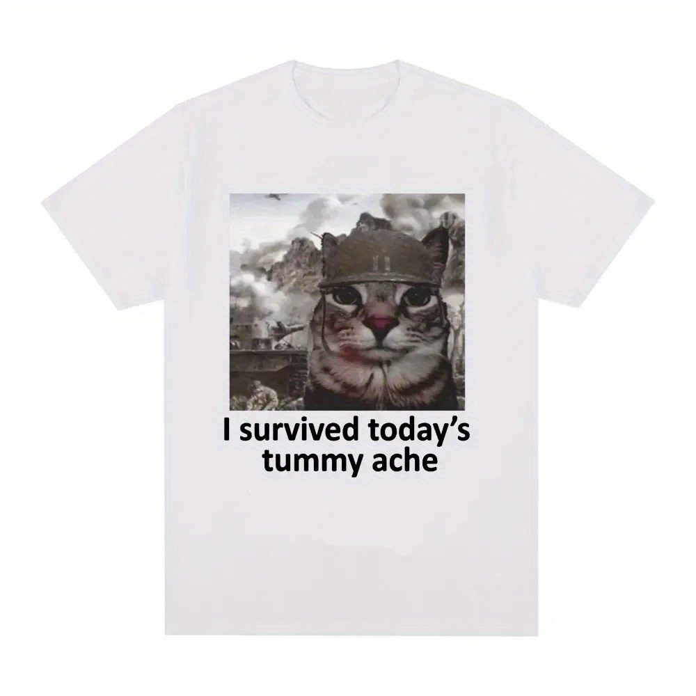 

Streetwear I Survived Today's Tummy Ache T-shirt Funny Cat Meme Short Sleeve T Shirt Men Women Cotton Casual Oversized T Shirts
