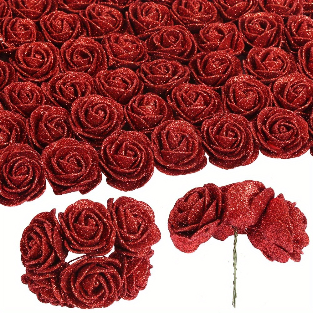 

120 Pcs Artificial Flowers, Foam Glitter Roses Glitter Foam Rose Foam Rose With Stems For Diy Wedding Bridal Bouquet Home Party Christmas Decoration 4.5cm/1.77in Hair Decor Valentine's Day Day Gift