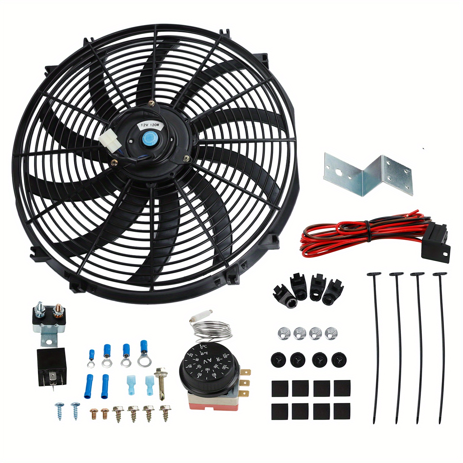 

16" Inch 3000 Cfm Radiator Cooling Slim Push Pull 12v 80w Fan W/ Thermostat Control Relay Wire Kit Universal