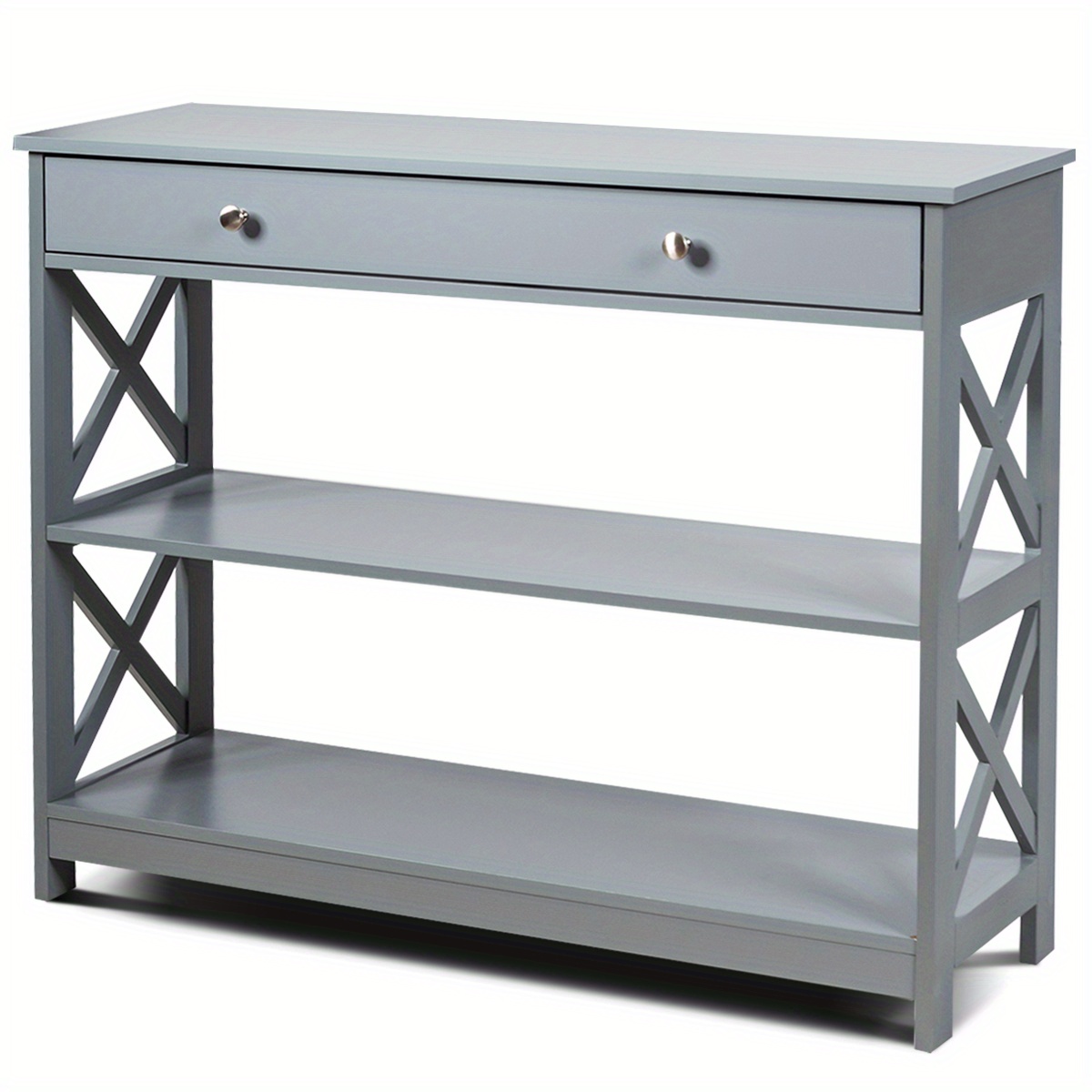 3-tier Console Table X-design Sofa Entryway Table With Drawer & Shelves Gray