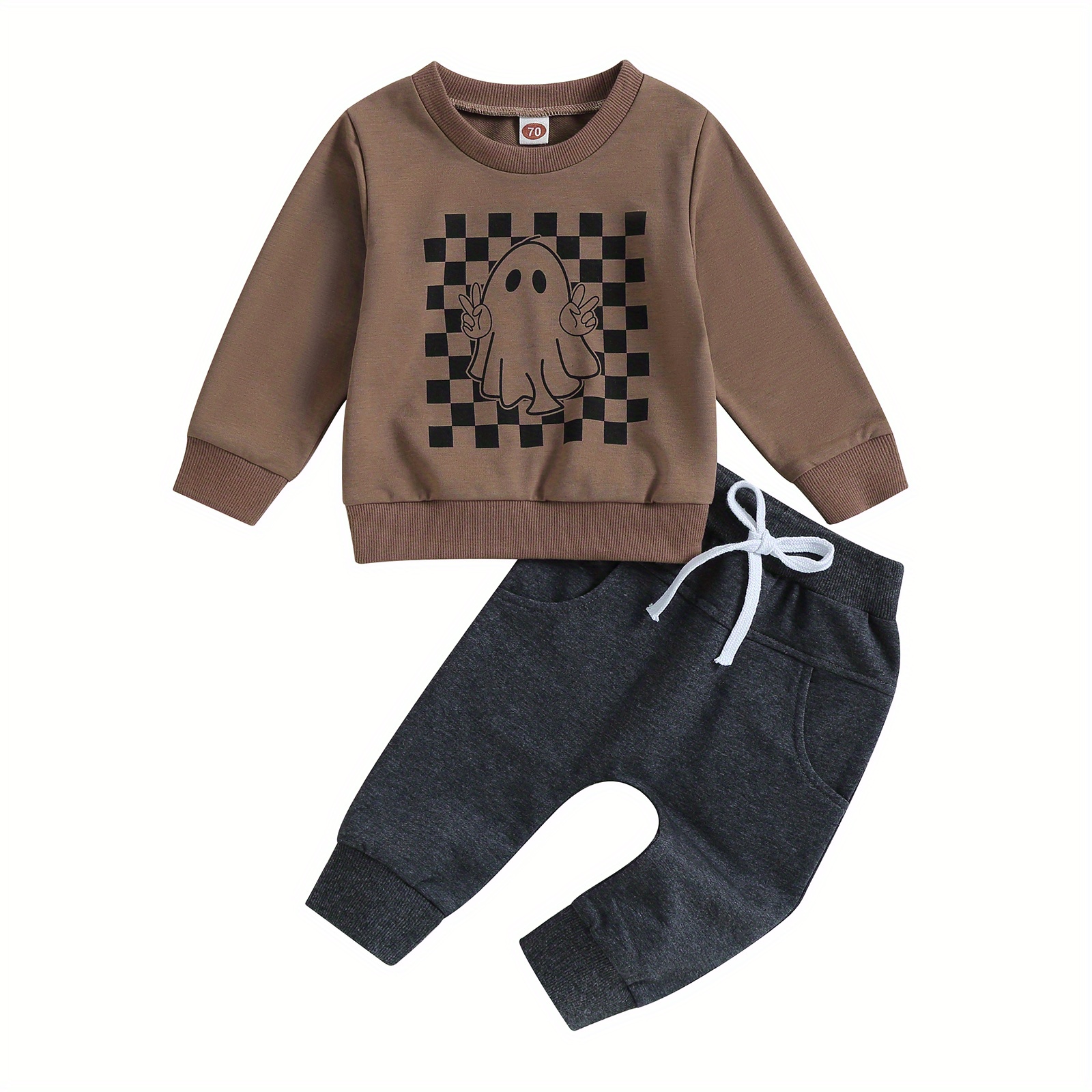 

0-3t Toddler Boys Fall Outfits Checkerboard Print Crew Neck Long Sleeve Sweatshirts And Long Pants 2pcs Clothes Set