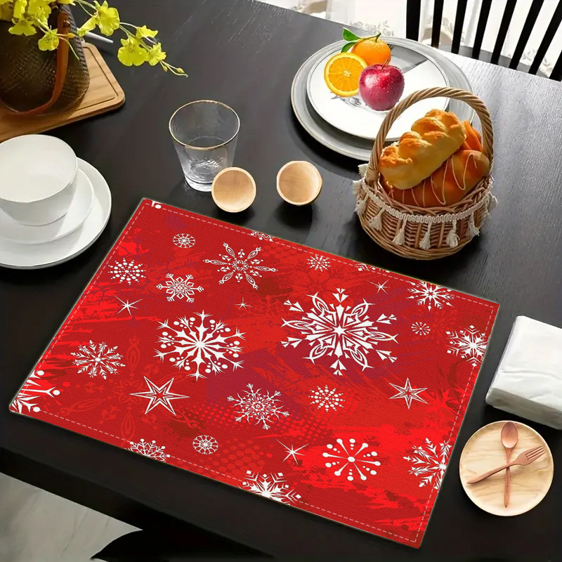 

Christmas Snowflake Print Linen Placemats 2/4pcs Set - Woven Rectangle Table Mats, 100% Linen, Hand Wash Only, Durable Stain Resistant, Kitchen Dining Table Protection, Holiday Party Room Decor