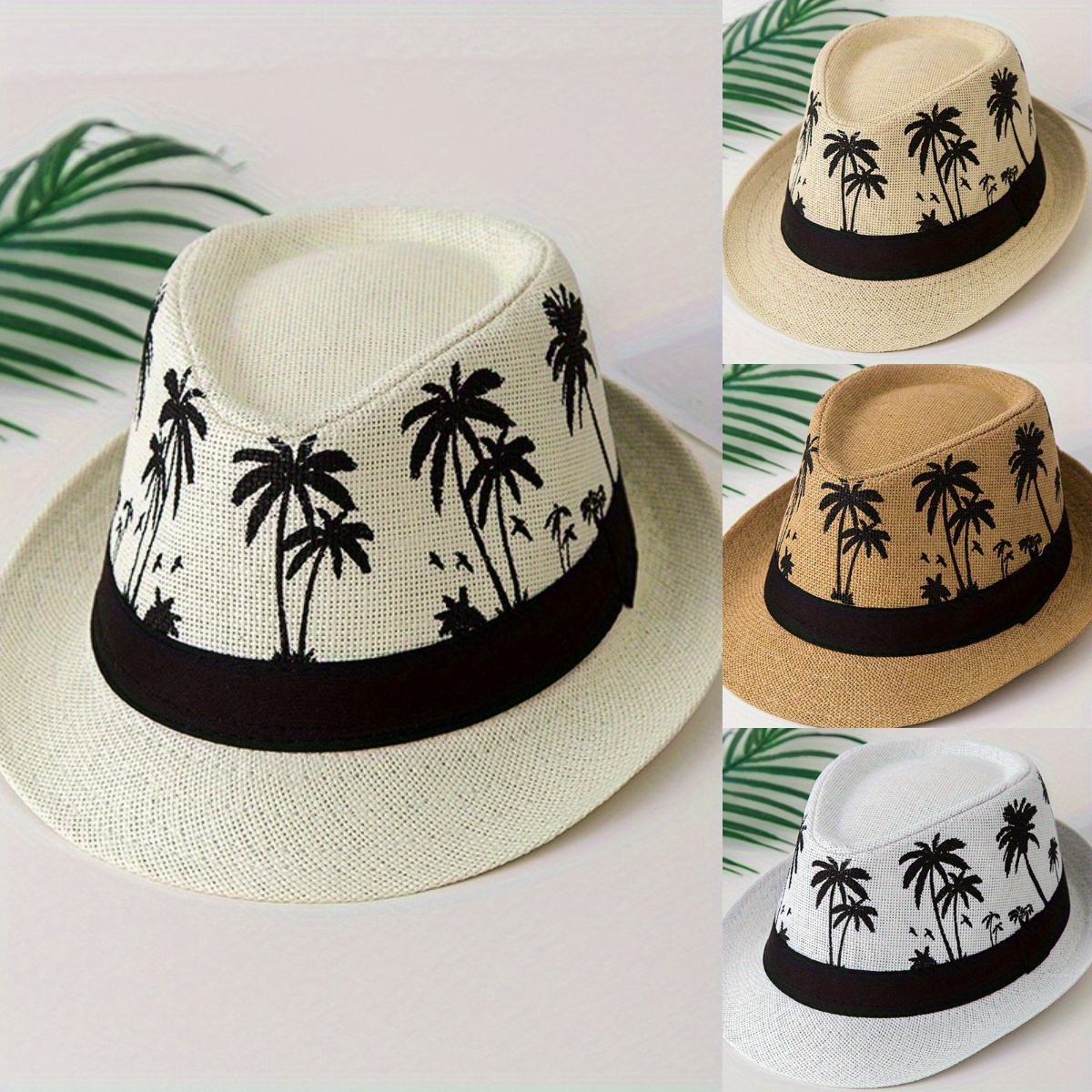 

1pc Fashion Hollow Straw Hat, Men Boys Summer Trees Printed Straw Woven Solid Colour Hat Bowler Hat Outdoor Sports Cycling Travel Breathable Sun Hat