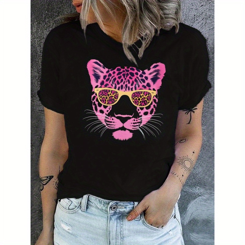 

Leopard Print Crew Neck T-shirt, Casual Short Sleeve Top For Spring & Summer, Women's Clothing