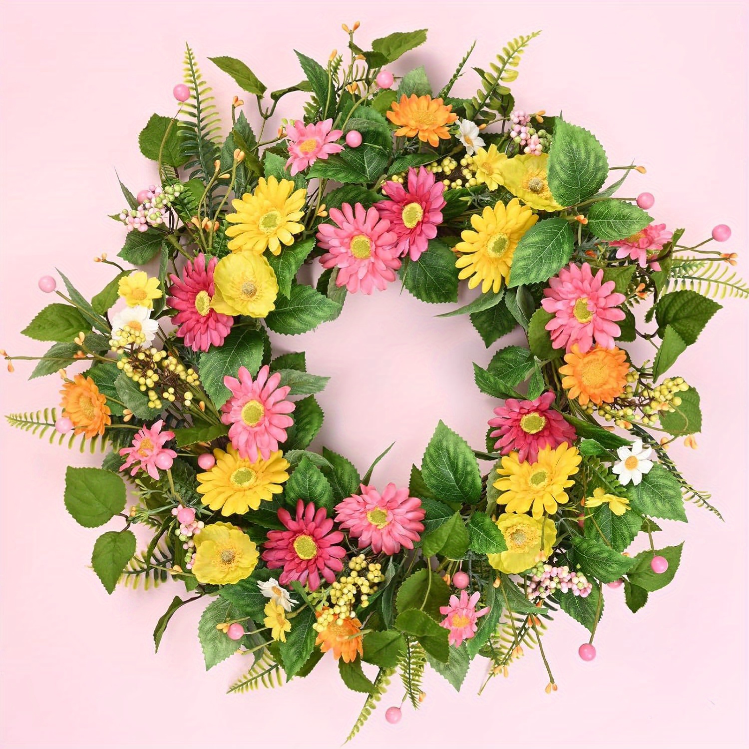 

1 Set 22'' Summer Front Door Wreath With Daisy Flowers & Greenery Leaves Spring Wreaths For Front Door Pink Wreath For Indoor & Outside All Season, Porch Patio Wall Decor