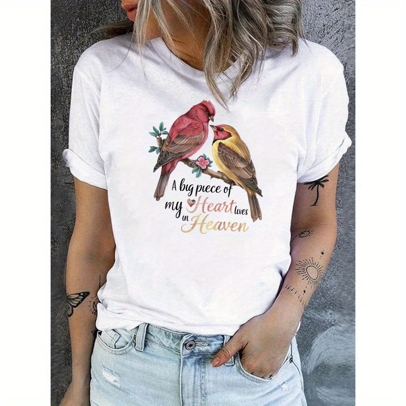 

Bird Print Crew Neck T-shirt, Casual Short Sleeve T-shirt For Spring & Summer, Women's Clothing