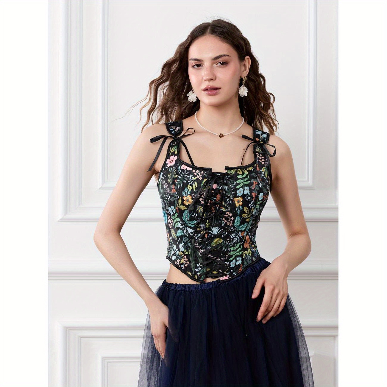 

Women Corset Camisole, Vintage Sleeveless Flower Lacing Slim Fit Tops For Party Club
