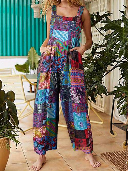 womens summer jumpsuits boho wide leg overalls casual floral print rompers beach outfits with pockets