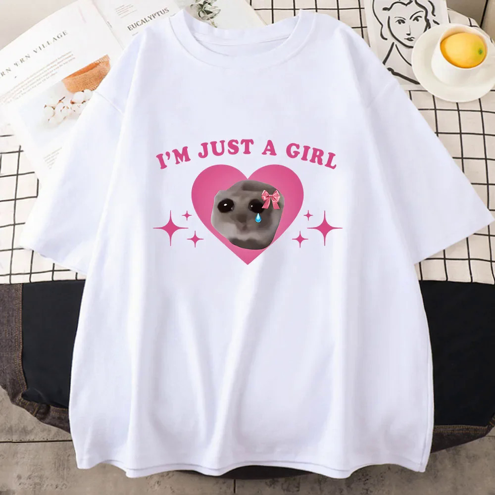 

Sad Hamster Tshirt I'm Just A Girl Cartoon Printing Tee-shirt Casual Short Sleeve Cotton High Quality Girls Tees