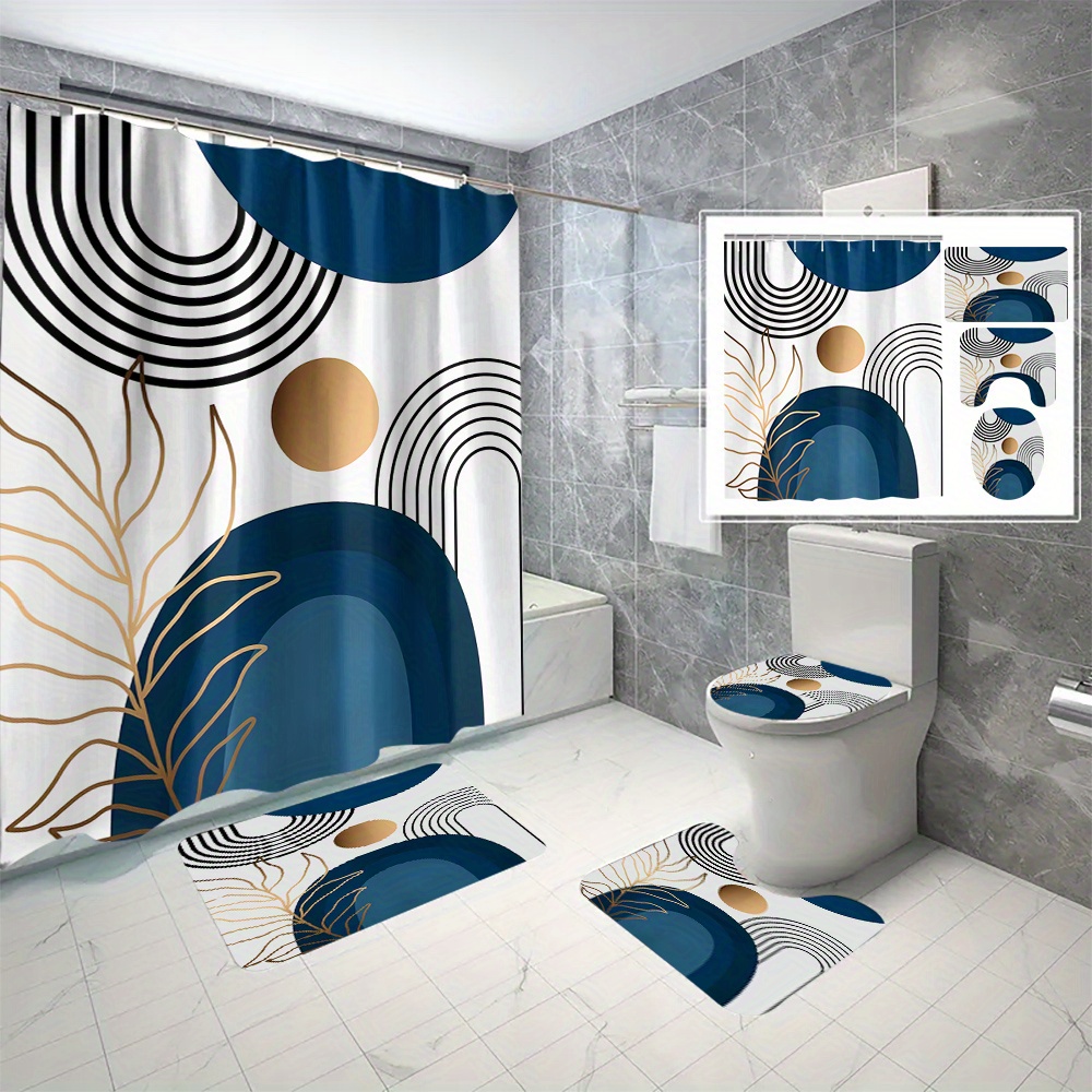 

4-piece Shower Curtain Set With Hooks - Water-resistant Twill Woven Polyester, Fashion Theme, Cartoon Pattern, Machine Washable, Includes Bathroom Accessories - Stylish Blue Abstract Design