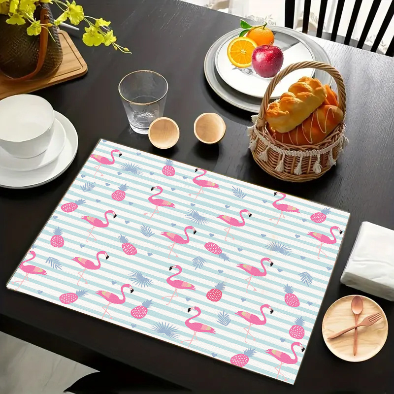 

2/4-piece Striped Pineapple & Flamingo Print Linen Placemats - Washable, Heat-resistant Table Mats For Dining Protection & Party Decor