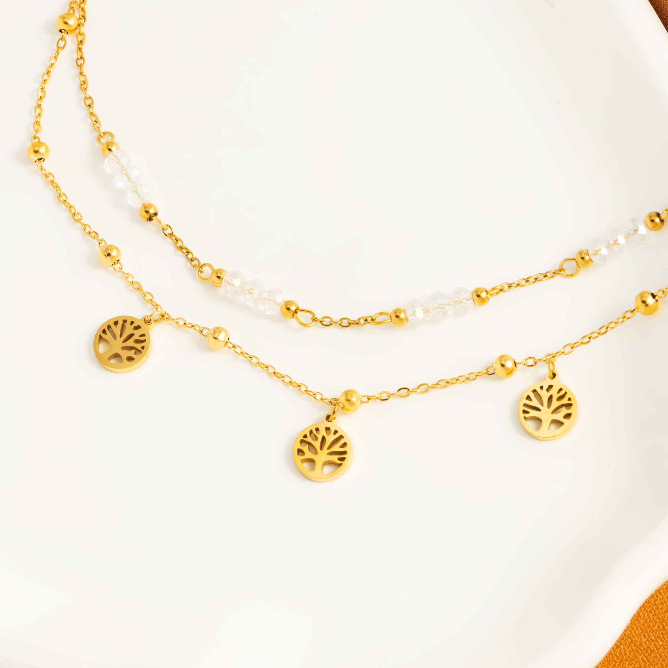 

Elegant Women's Anklet With Golden-tone Tree Of Life Pendant - Hypoallergenic Stainless Steel, Synthetic Crystal Accents Toward Everyday & Vacation Wear