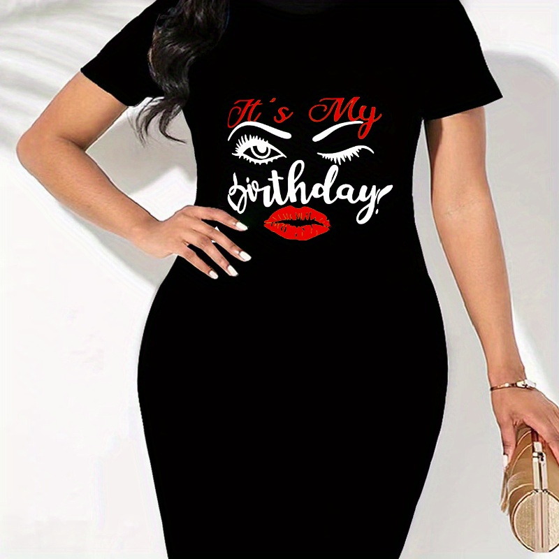 

My Birthday Print Crew Neck Dress, Casual Bodycon Short Sleeve Dress For Spring & Summer, Women's Clothing