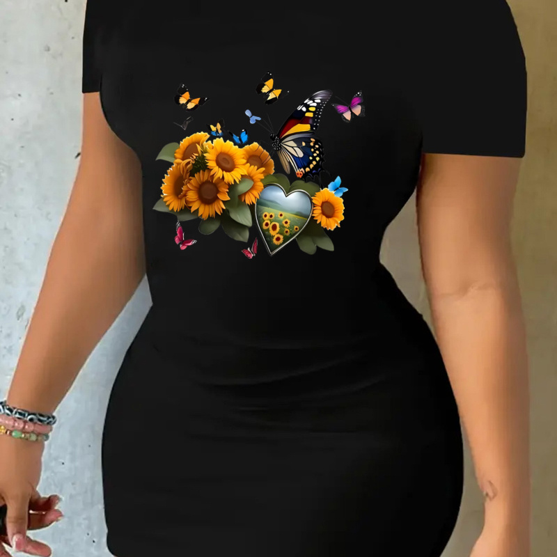 

Sunflower Neck Dress, Casual Bodycon Short Sleeve Dress For , Women's Clothing