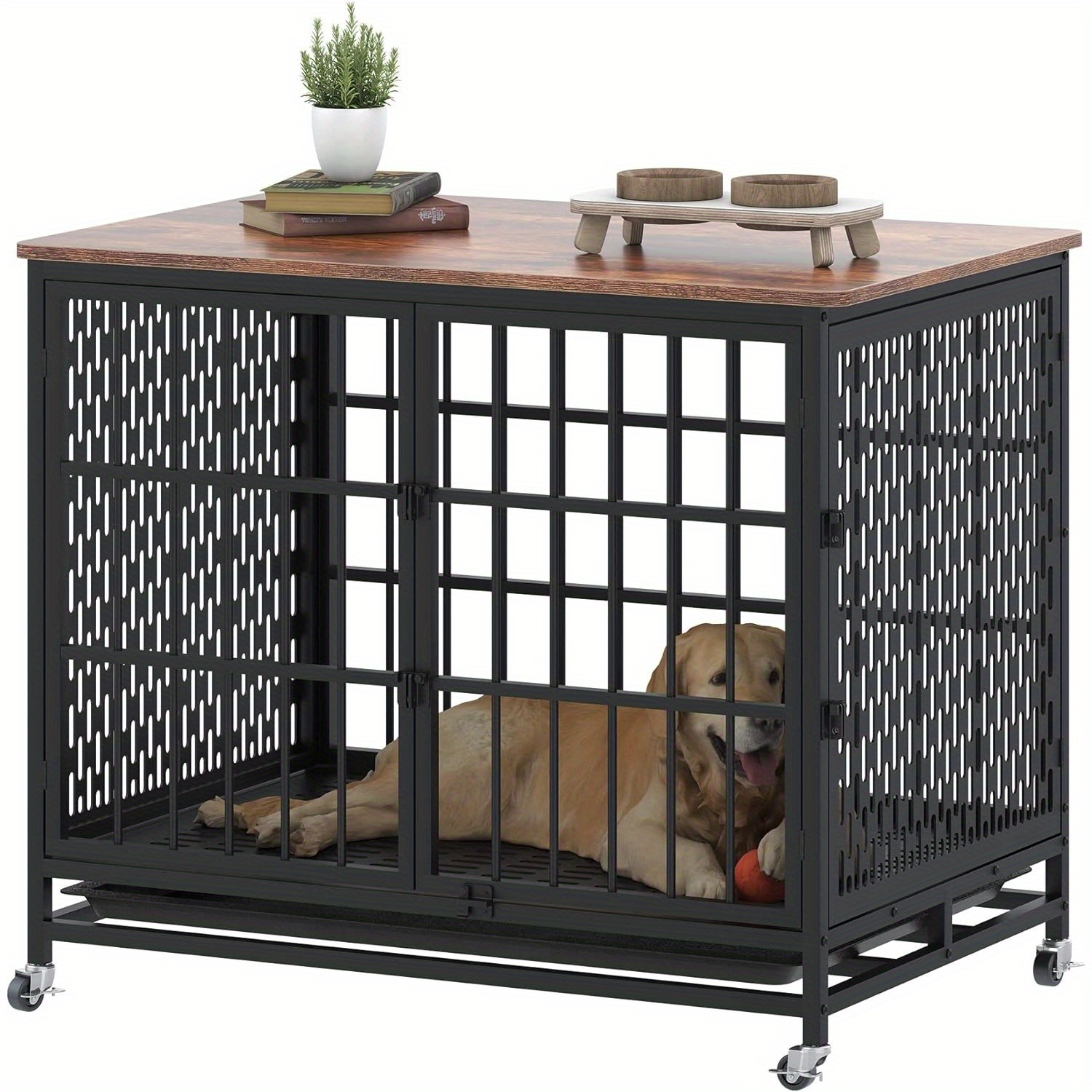 

42" Extra Large Dog Crate Furniture With Wooden Top, Removable Trays, 3 Doors, & 5 Locks - Stylish Black Metal With Decorative Cut-out Patterns, Ideal For Medium To Large Dogs