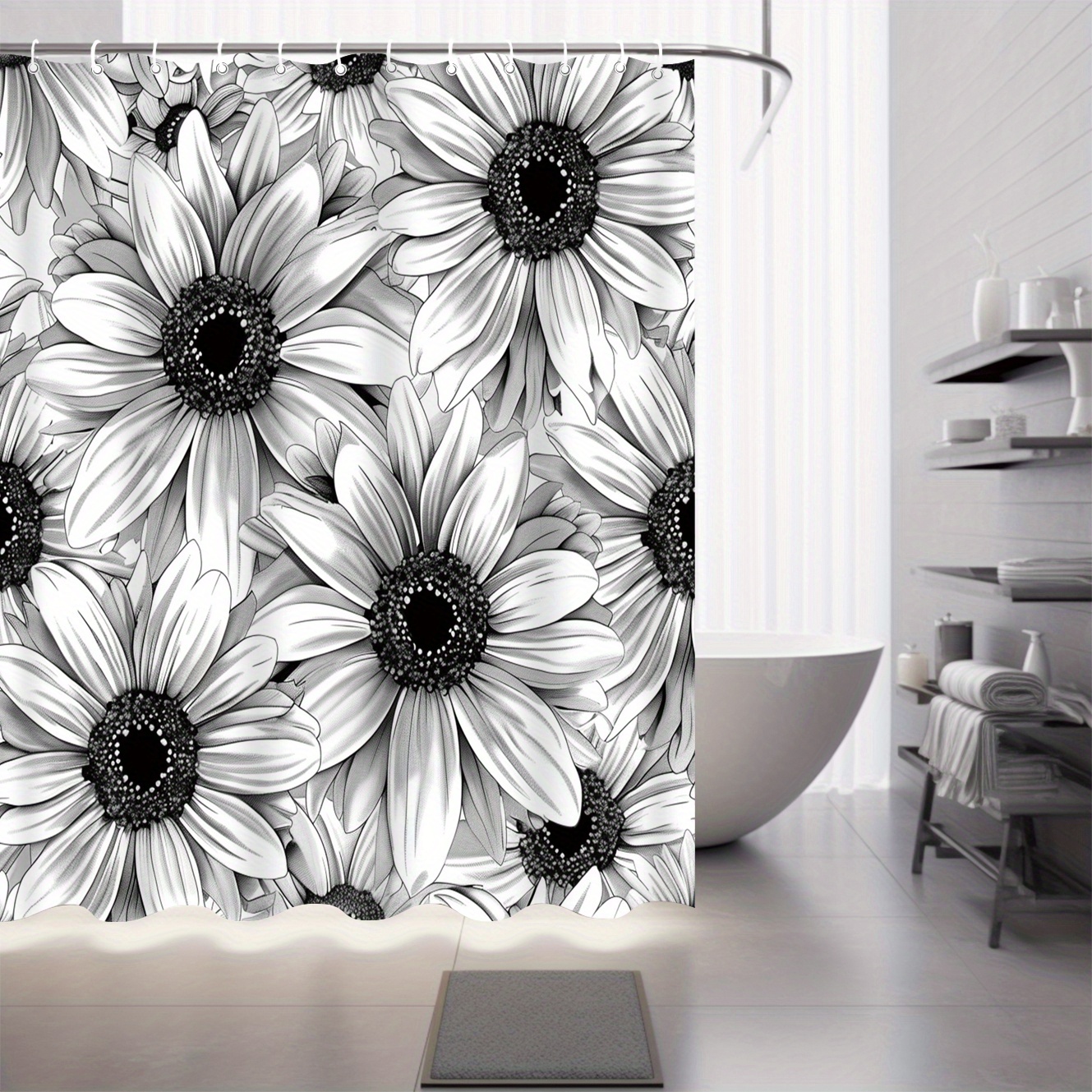 

Water-resistant Polyester Shower Curtain With White Daisy Print - Woven Fabric, Grommet Top With 12 Hooks Included, Easy Wipe Clean, Floral Arts Theme For Bathroom Decor - 71x71 Inches