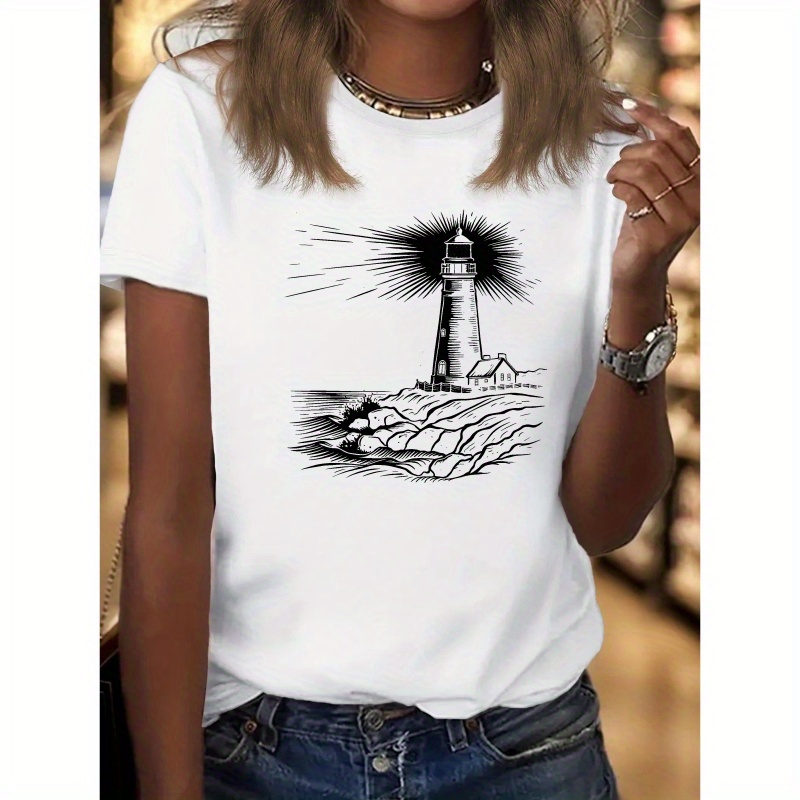 

Coast Lighthouse Print T-shirt, Short Sleeve Crew Neck Leisure T-shirt For Spring & Summer, Women's Clothing