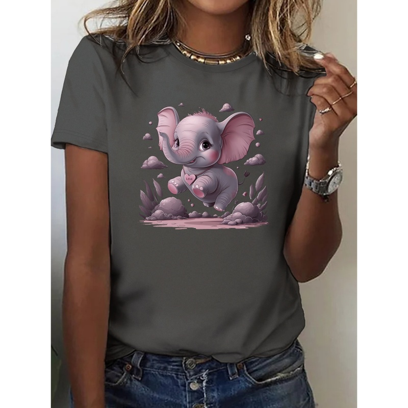 

Baby Elephant Print Crew Neck T-shirt, Casual Short Sleeve Top For Spring & Summer, Women's Clothing