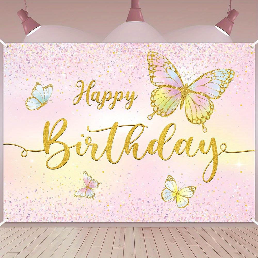 TEMU Charming Pink & Golden Butterfly Happy Birthday Banner - Polyester Party Decoration, Perfect For Photo Props, 43.3x70.8 Inches Butterfly Decorations Butterfly Party Decorations