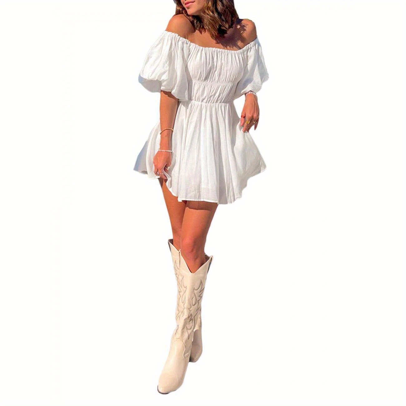 

Women Elegant Short Puff Sleeve Off-shoulder Tunic Dress For Party Solid Color Casual Summer Dress