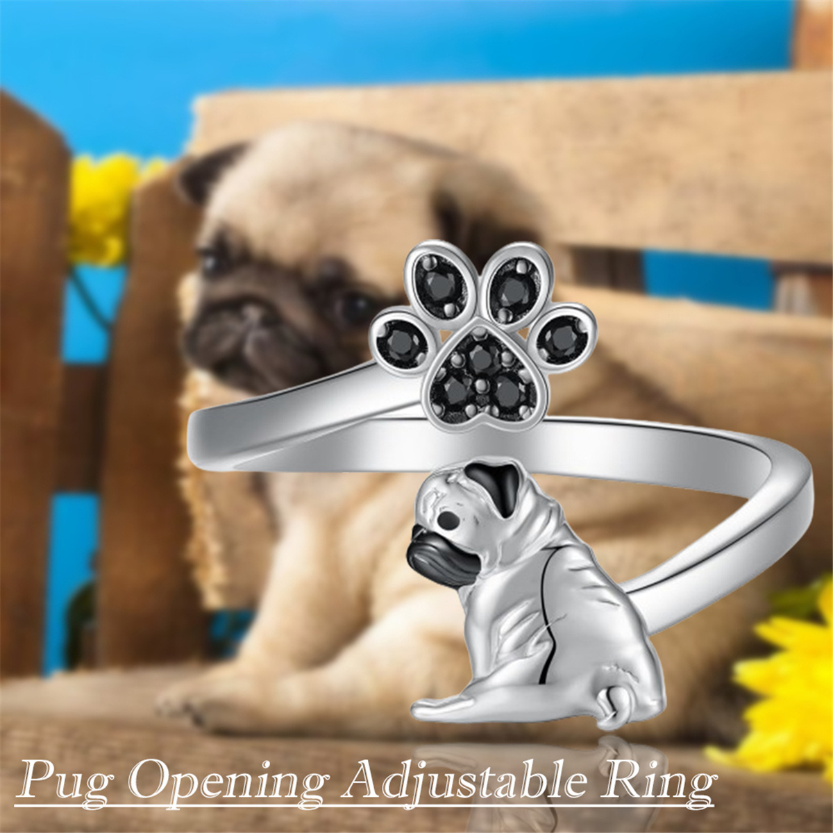 

Creative Cute Shining Black Rhinestone Dog Paw Pug Open Adjustable Ring For Women Exquisite Pet Dog Jewelry Accessories Lover Birthday Holiday Gift