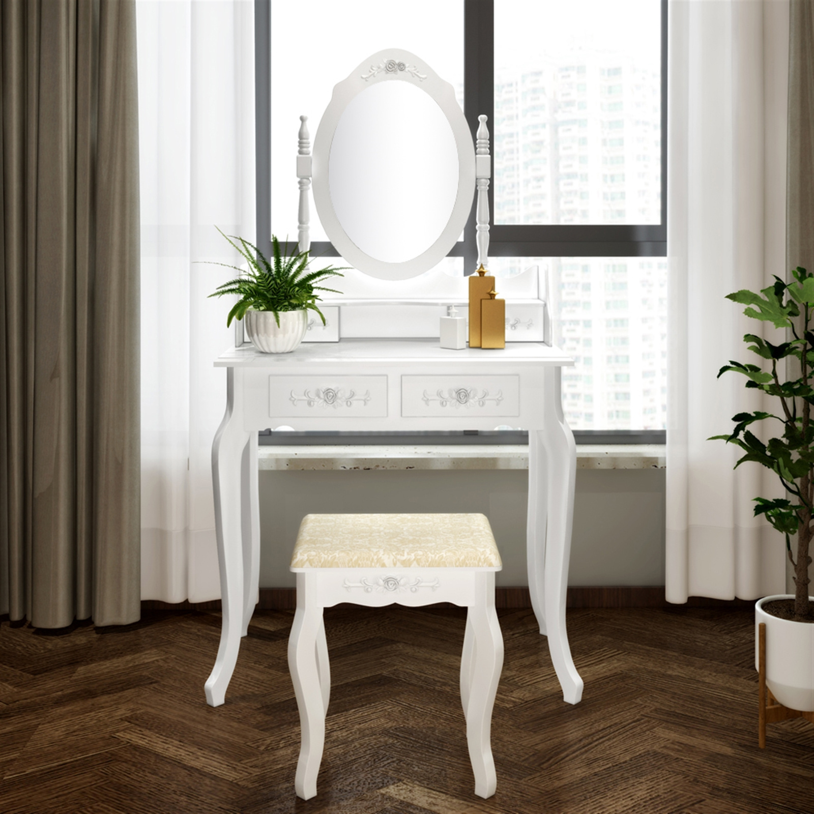 

Four-drawer Single Mirror Dressing Table Set European Style White