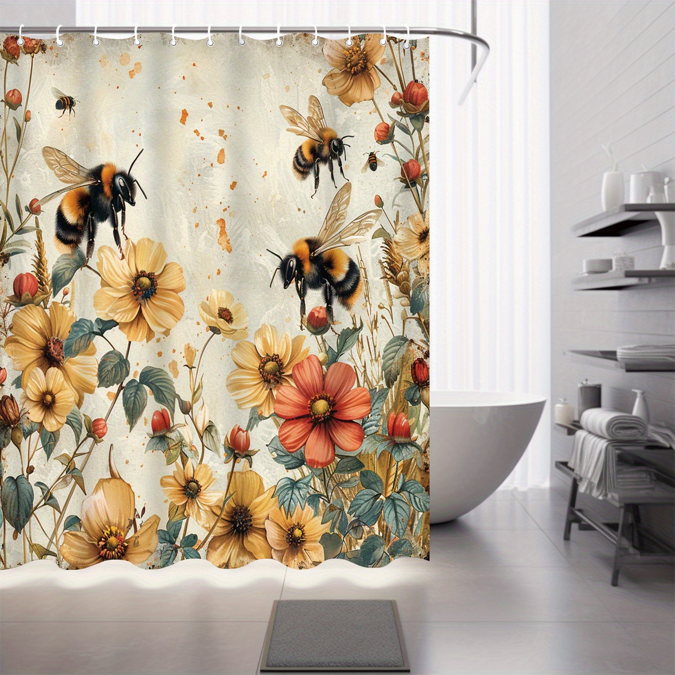 

Bee & Shower Curtain 12 - - Polyester, Decorative Bathroom , 71x71in, For