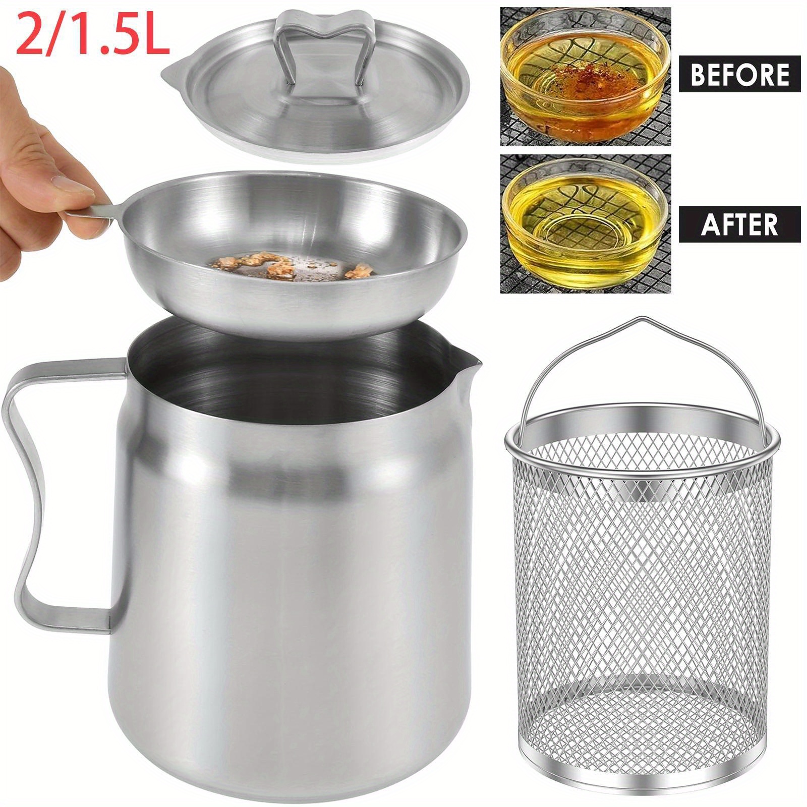 

1pc, Stainless Steel Oil Filter Pot With Fine Mesh Strainer And Fry Basket, Oil Storage Can, Kitchen Supplies