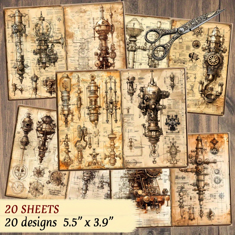 

20-pack Vintage Steampunk Mechanical Drawing Stickers - Reusable, Irregular Shaped Paper Decals For Diy Scrapbooking, Journaling & Calendars, Ideal For Creative Teens & Adults 14+