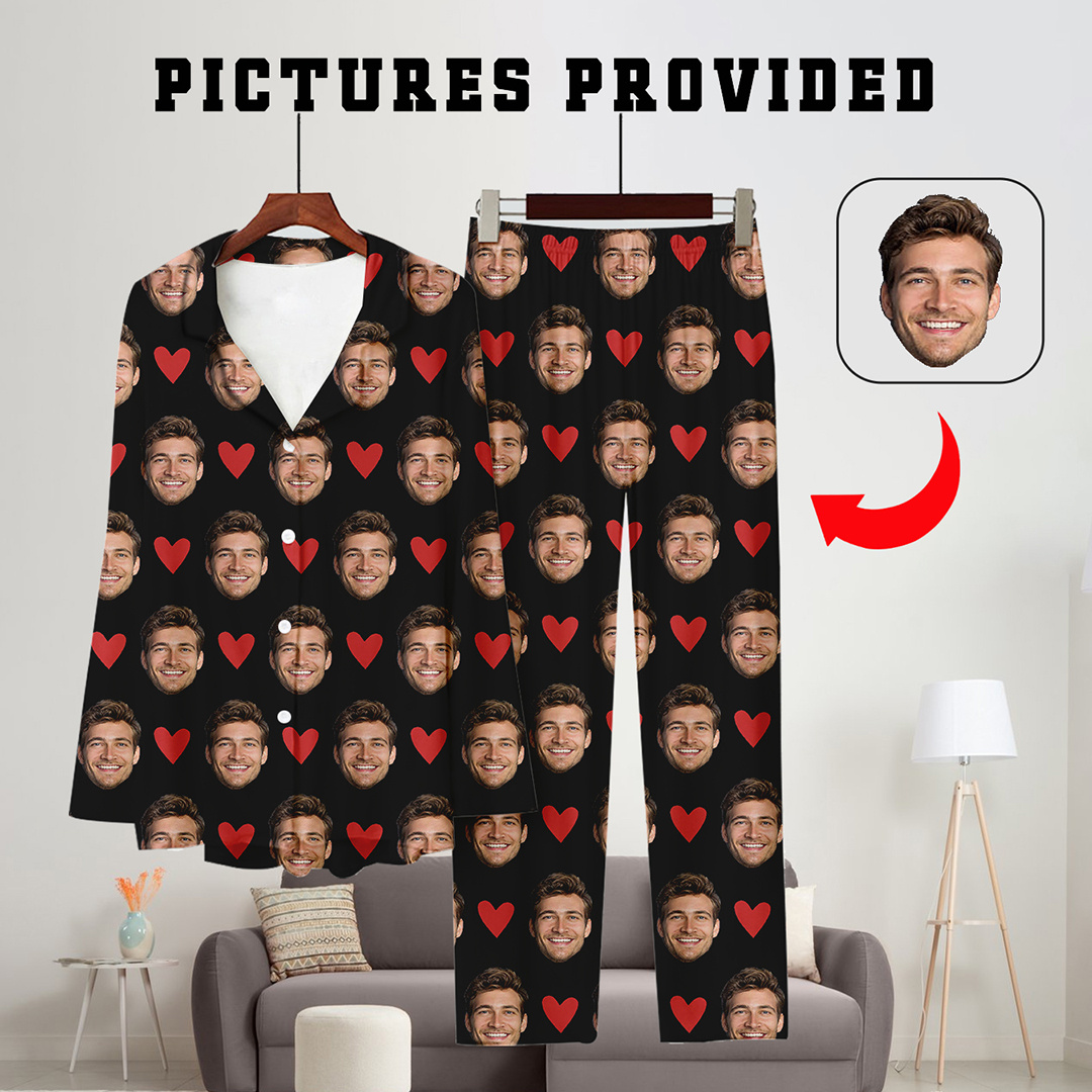 

2 Pcs Men's Red Heart Print Pajamas Set With Photo Customization, Comfy & Loose Long Sleeve & Long Pants Lounge Wear With Pockets For Summer Daily Wearing