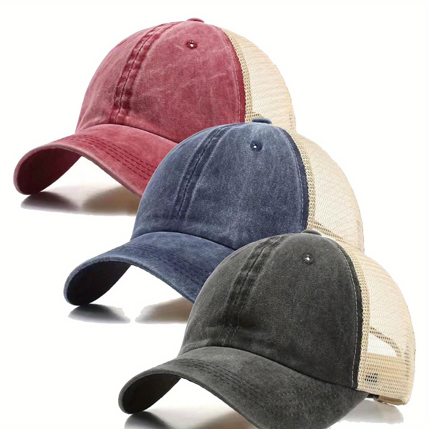 

3pcs Washed Cotton Trucker Baseball Cap For Men & Women - Breathable Mesh Back Sporty Snapback Hat