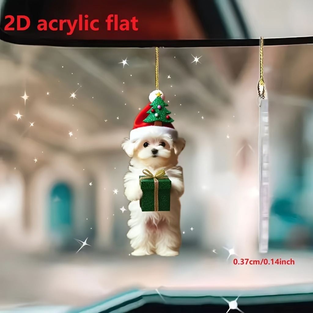 

1pc Acrylic Dog Pendant Hanging Ornament - Charming 2d Santa Hat Puppy With Green Gift Decoration For Christmas Tree, Car Mirror, Keyring Accessory, Festive Home Accent