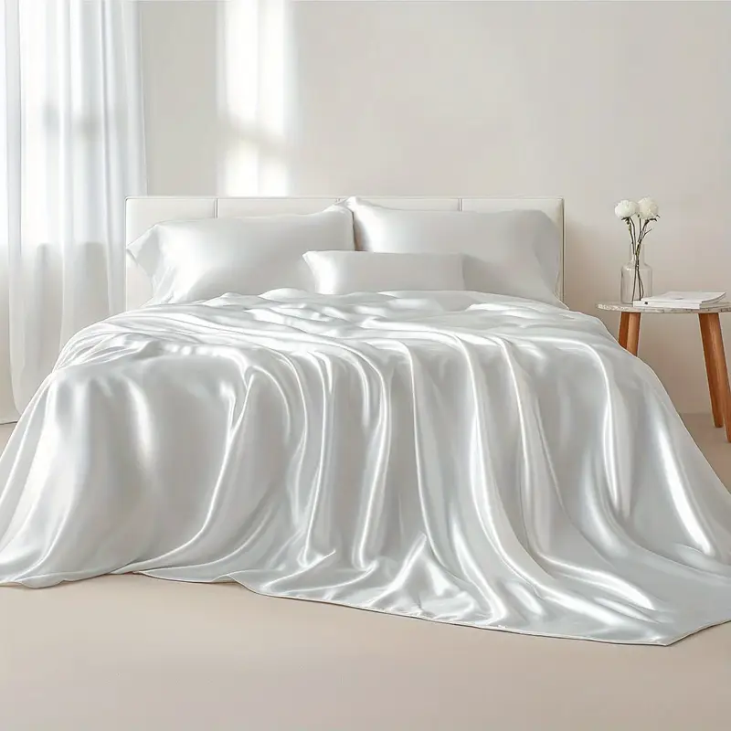 TEMU 120g 4peices Satin Bed Fitted Set Y Soft Fabric Bedroom Versatile Model No No Pilling Machine Washable Light Luxury High-end Bed Sheet For