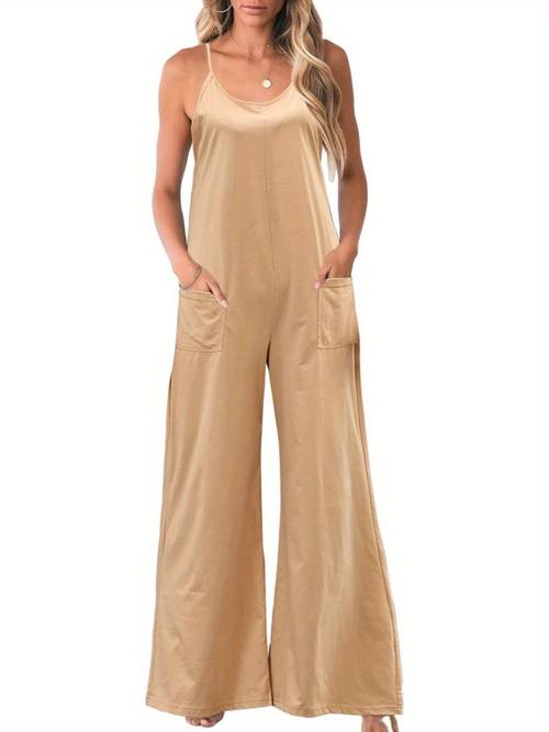 solid color spaghetti strap jumpsuit casual sleeveless patched pockets tie back jumpsuit for spring summer womens clothing