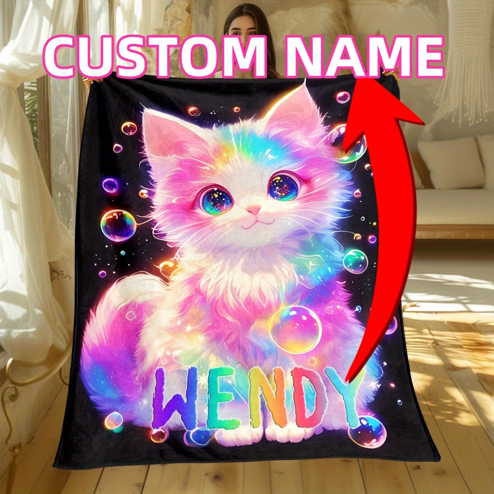 

Custom Name Kitten Blanket - Soft, Warm Flannel Throw With Vibrant Iridescent Cat Design, Personalized - Lightweight & For Sofa, Bed, Travel, Office - Ideal Gift For Family & Friends