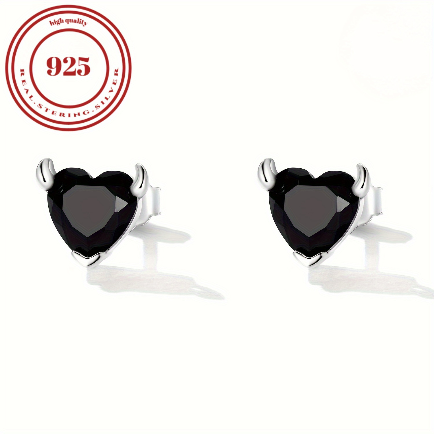 

925 Sterling Silver Black Heart Shaped Little Devil Stud Earrings Decor Minimal Luxury Style Stud Earrings. 1.5g/0.05oz