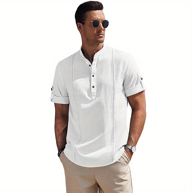 

Men's Cotton Linen Henley Shirt Short Sleeve Hippie Casual Band Collar T-shirts