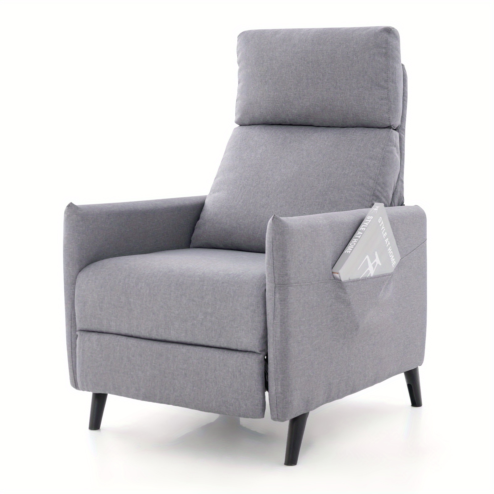 Image of Push Back Recliner Chair, Linen Fabric Reclining Armchair W/ Adjustable Backrest & Footrest, Soft Padded Seat, 2 Magazine Pockets, Single Sofa Chair For Living Room, Bedroom, Home Theater, Light Gray