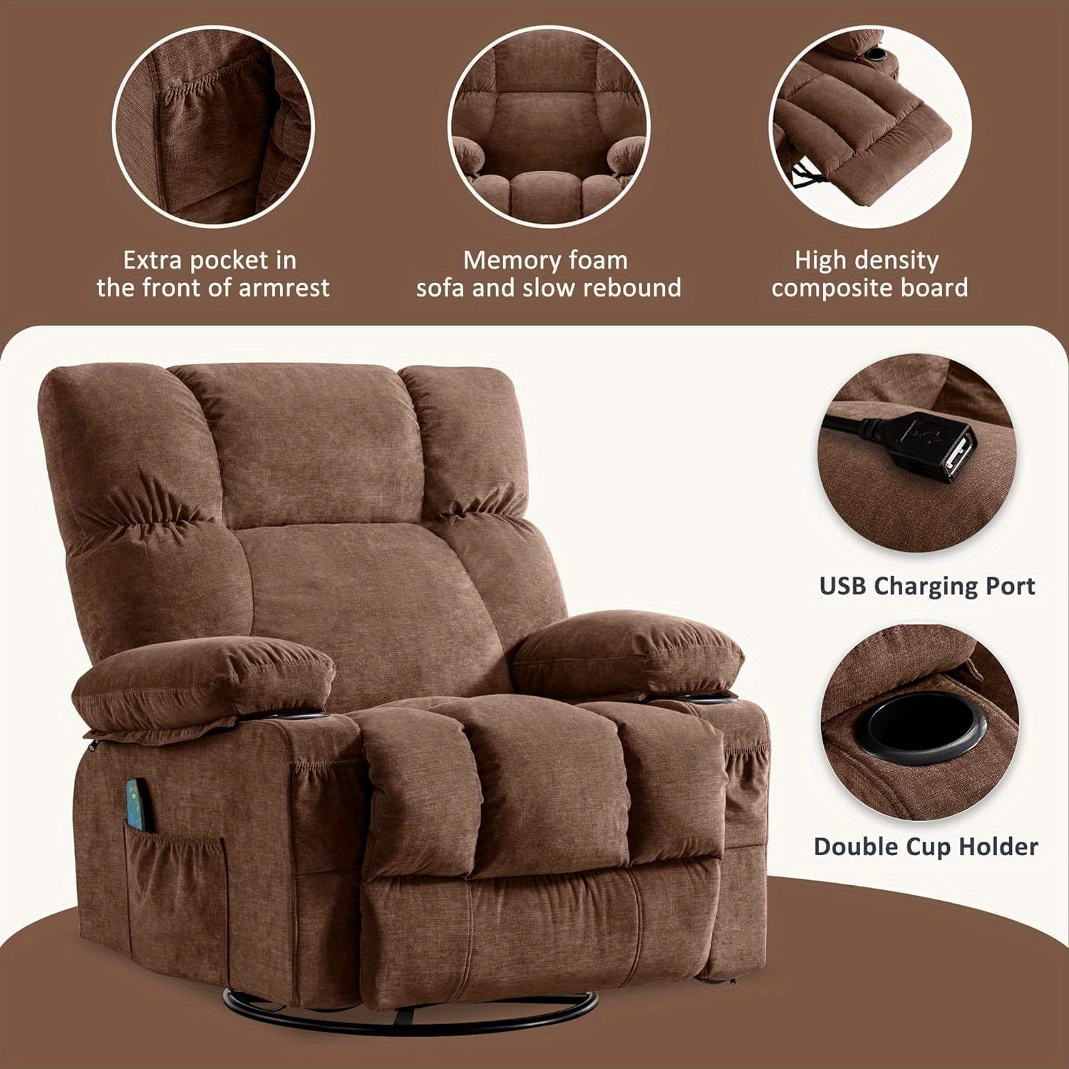Oversized Swivel Rocker Recliner With Heat & Massage – 360° Swivel, Cup Holders, USB Port, Brown Leather