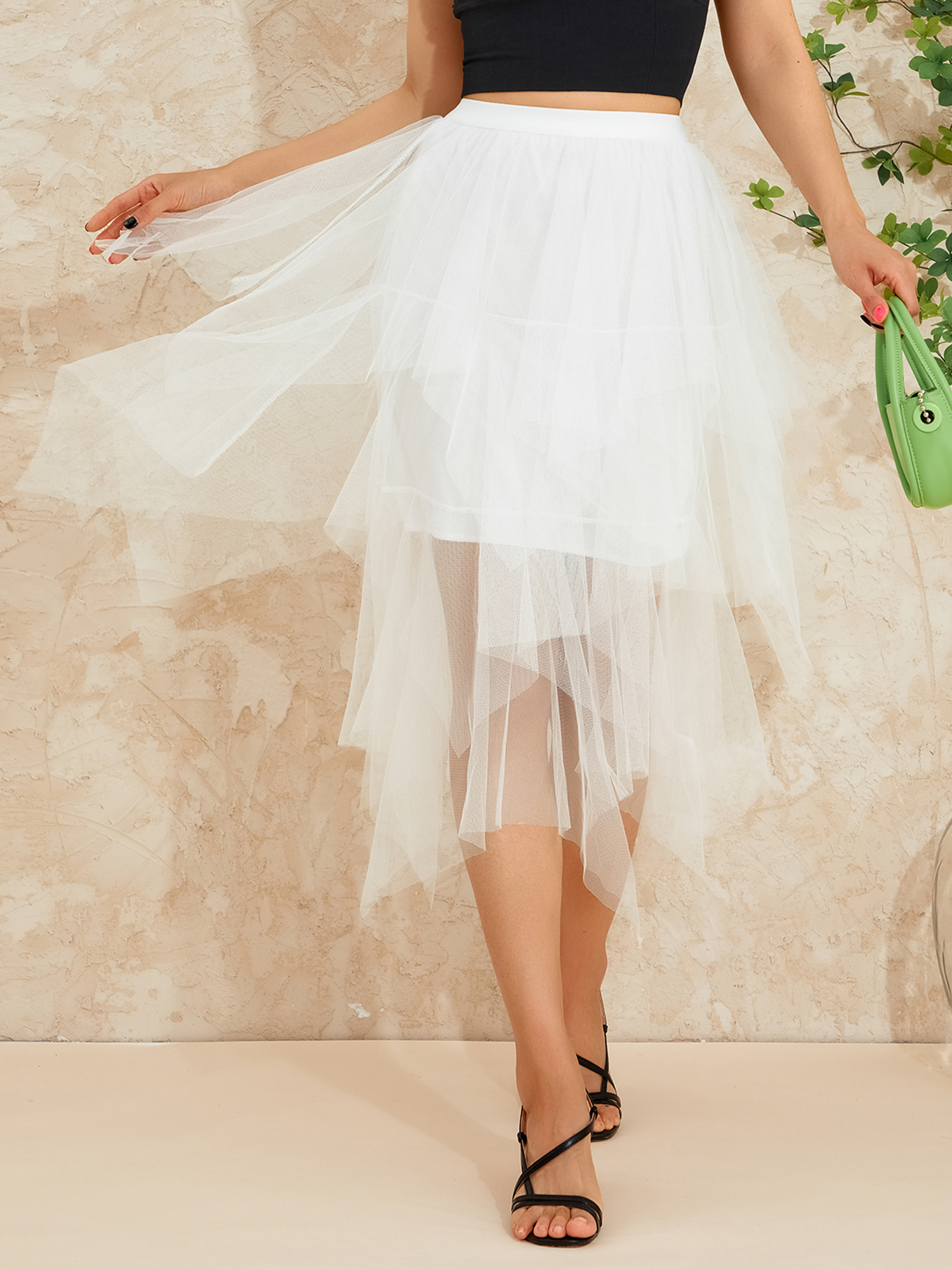 Women Mesh Tutu Skirt Layered Tulle Elastic High Waist Skirt Fluffy Irregular Hem Pleated A-Line Midi Skirt