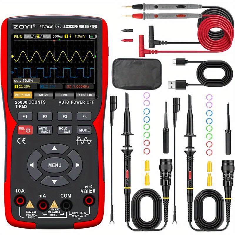

Zoyi Zt-703s 3 In 1 Oscilloscope Multimeter With 3.5 Inch Ips Display, 25000 Counts, Dual Channel 50mhz Bandwidth, 280msa/s High Real-time Sampling Rate, ±400v Input Voltage, Measures Ohm-volt-tester